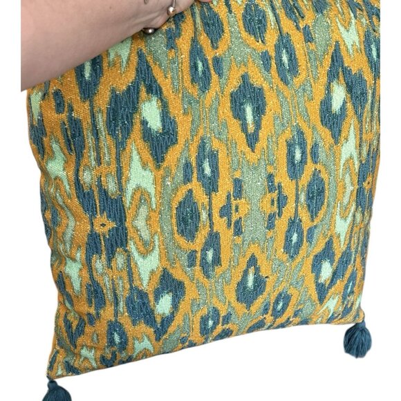 Woven Jute Turquoise Mustard Throw Pillow NWT Southern Living 22" Sq Tasseled - Picture 8 of 10